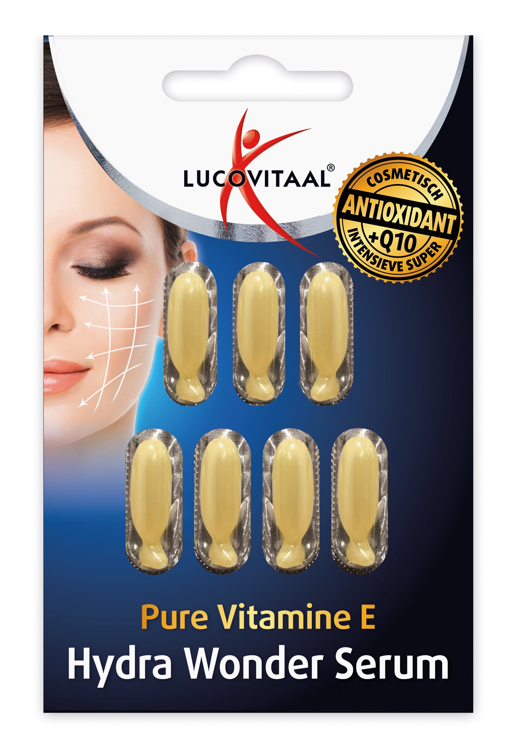 Lucovitaal Vitamine E hydra wonder serum capsules for facial skincare, shown in a close-up of the capsules and packaging.