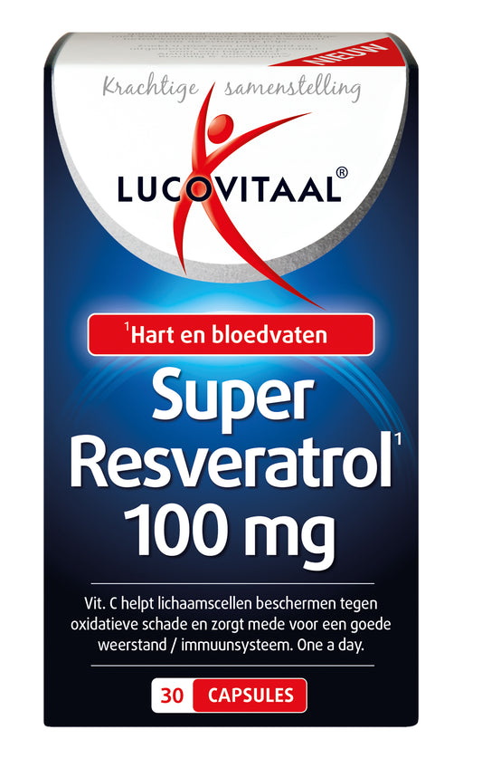 Lucovitaal Super Resveratrol capsules, herbal supplement in a plastic bottle, with 30 capsules for health support.