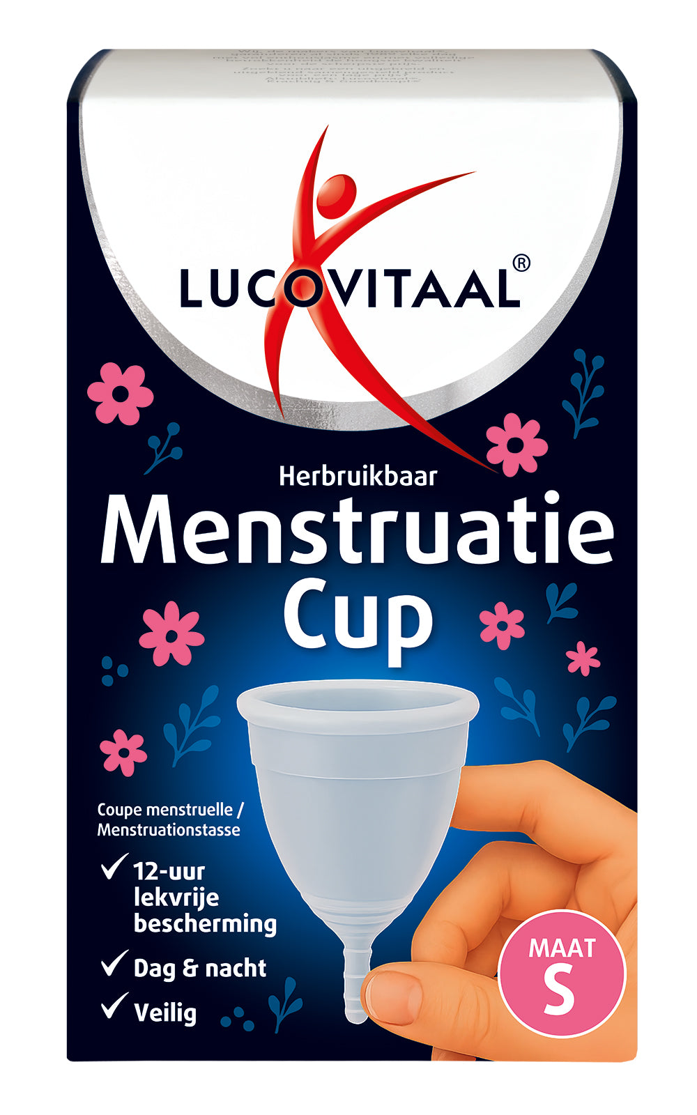 Lucovitaal Menstruatiecup maat S, dameshygiëne product, close-up of the silicone menstrual cup in a white background.