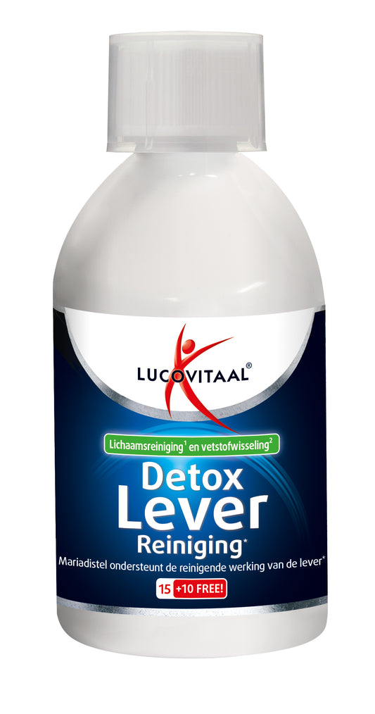 Lucovitaal Detox lever reiniging herbal supplement in 250ml bottle, natural herbal remedy for liver detoxification.