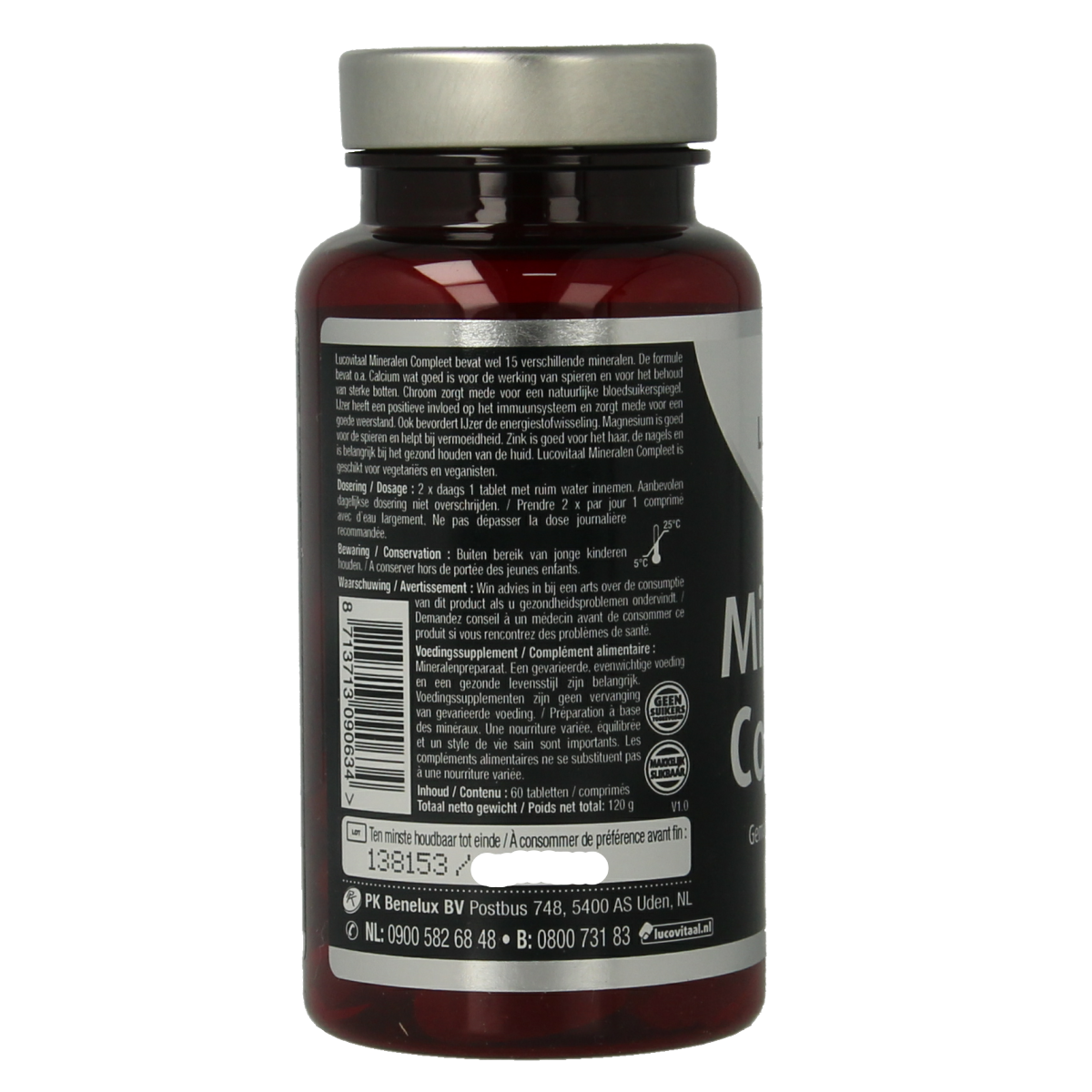 Lucovitaal Mineralen Compleet multivitamin tablets in a bottle, showing the label and tablets inside.
