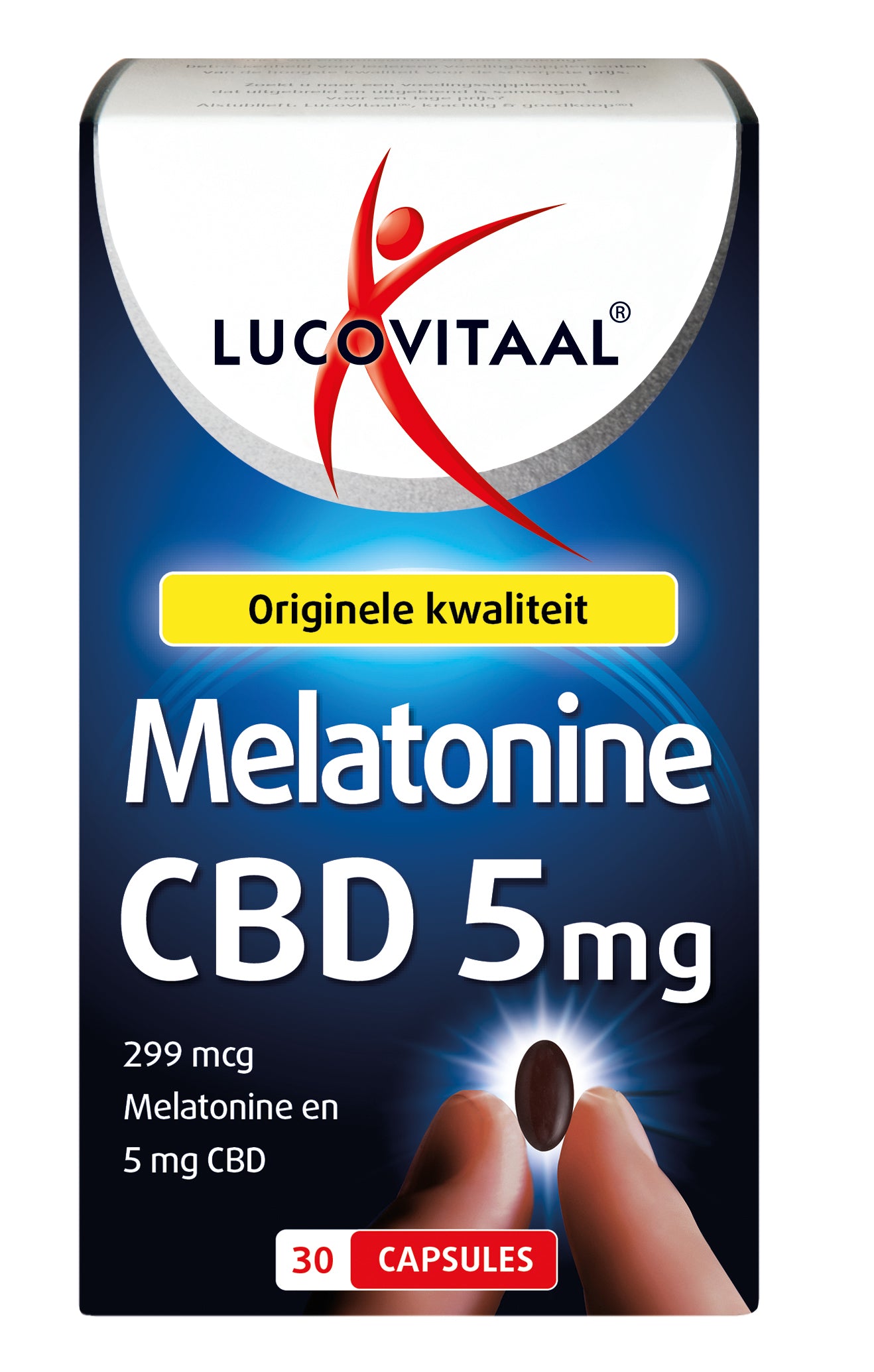 Lucovitaal Melatonine CBD 5mg capsules, herbal supplement for sleep, with CBD, displayed in a bottle with capsules.