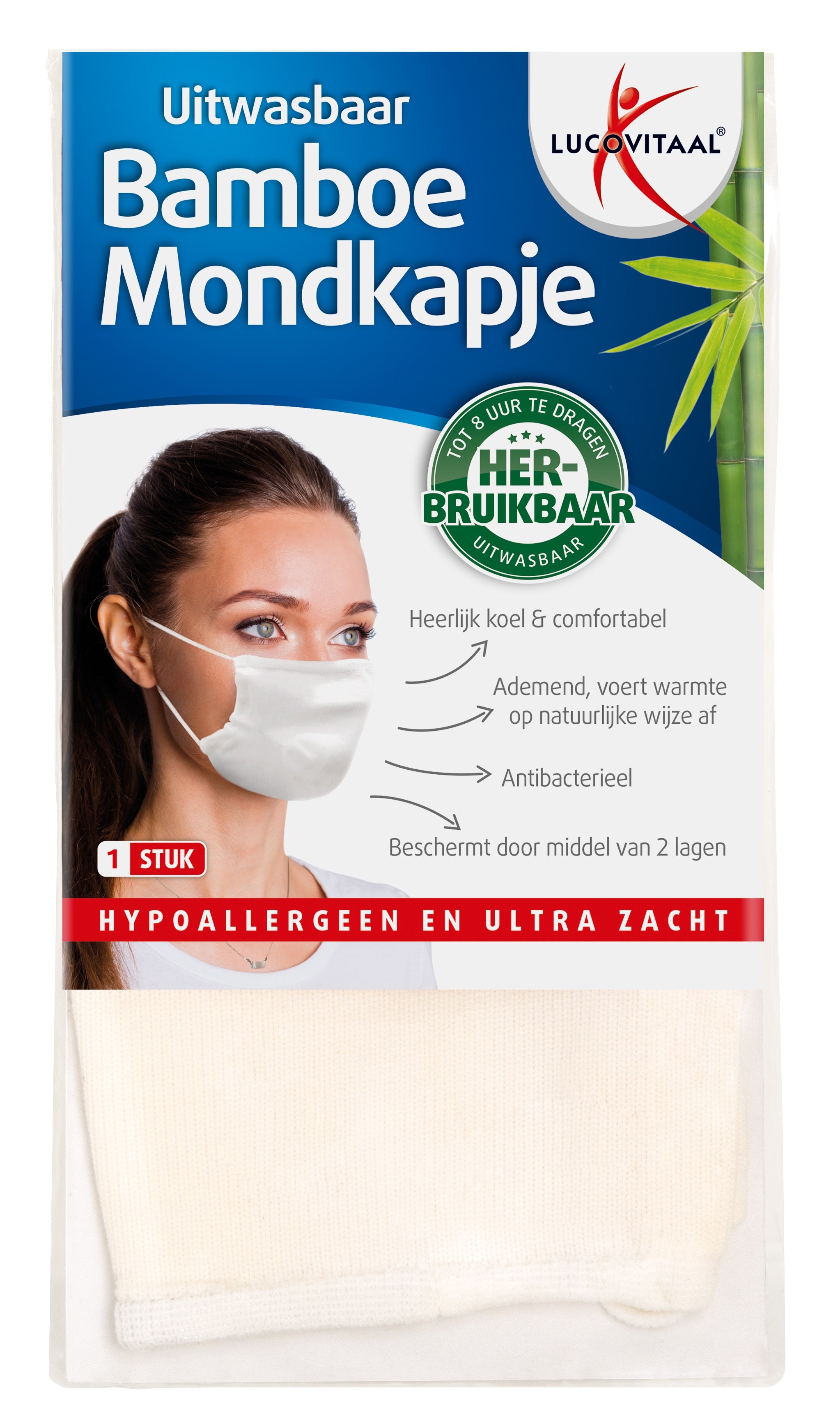 Lucovitaal white bamboo face mask showing soft fabric and secure ear loops, designed for medical protective use.