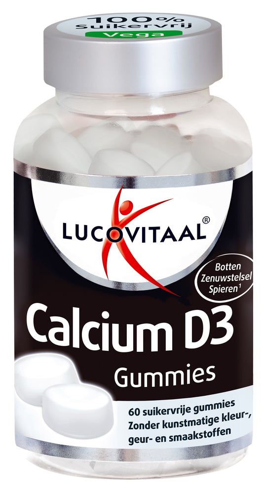 Lucovitaal Calcium D3 mineral gum tablets, 60 count, showing the supplement packaging and tablets in a blister pack.