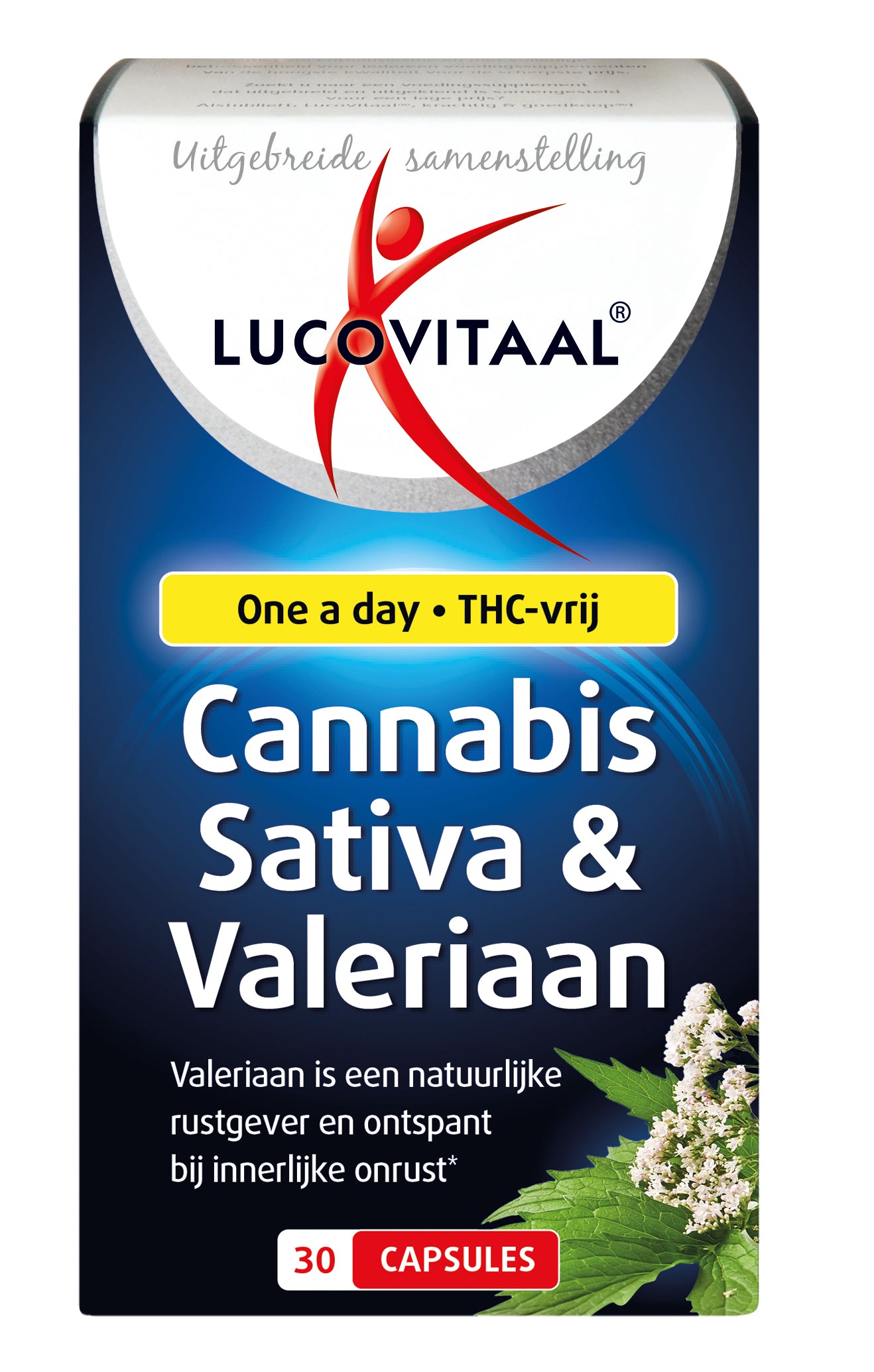 Lucovitaal Cannabis sativa and valeriaan herbal supplement capsules in a clear container, showing the product label.