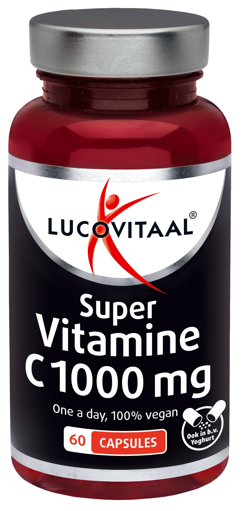 Vegan Lucovitaal Vitamine C 1000mg capsules in a bottle, dietary supplement for immune support, shown with capsules inside