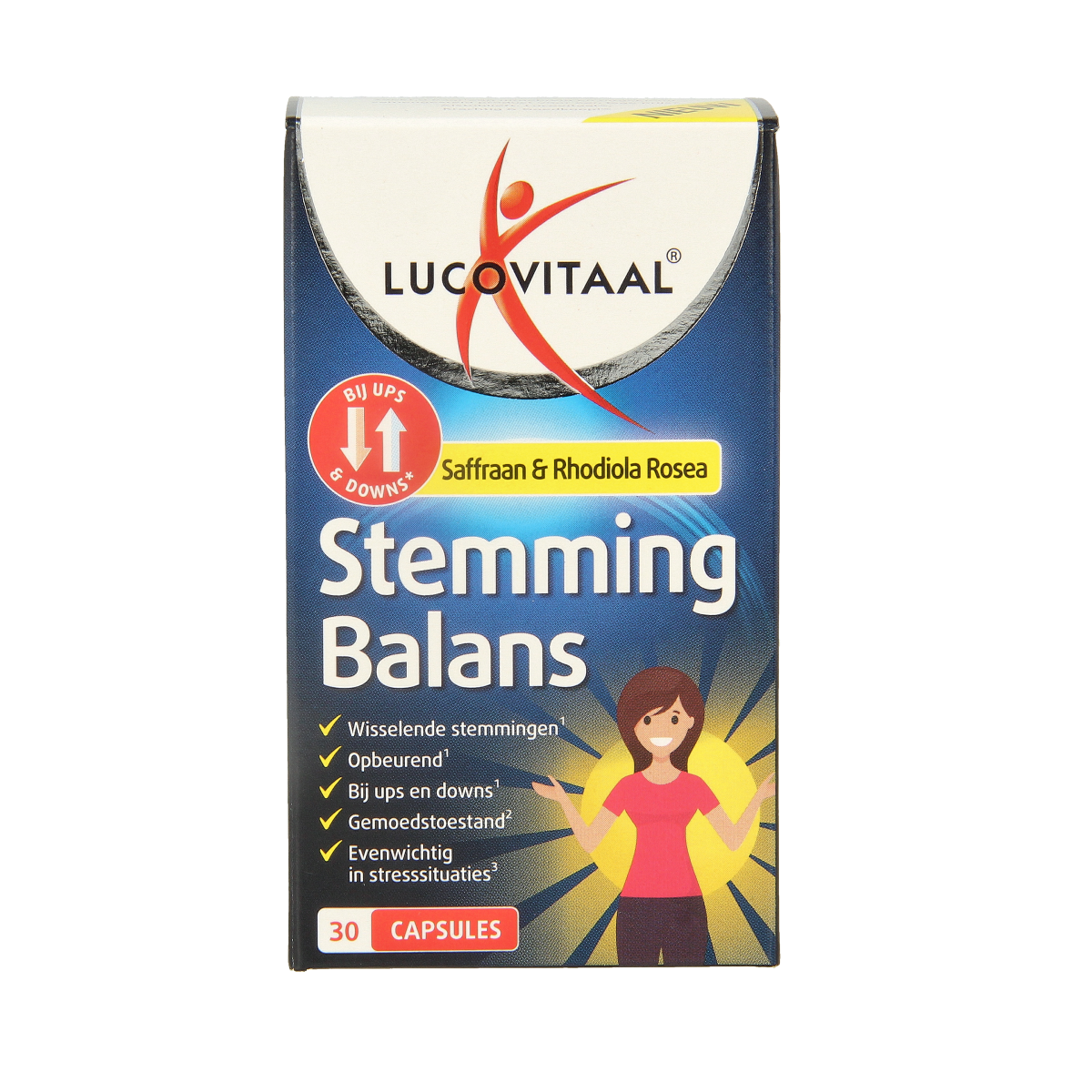 Box of 30 Lucovitaal herbal supplement capsules for mood balance, featuring natural ingredients and herbal preparation.