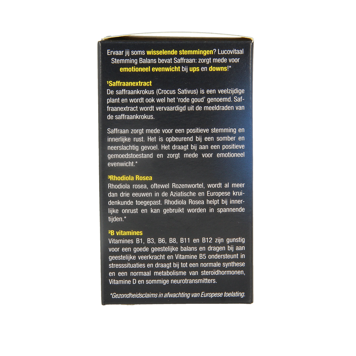 Box of 30 Lucovitaal Stemming Balans herbal supplement capsules with herbal ingredients for mood support and balance.