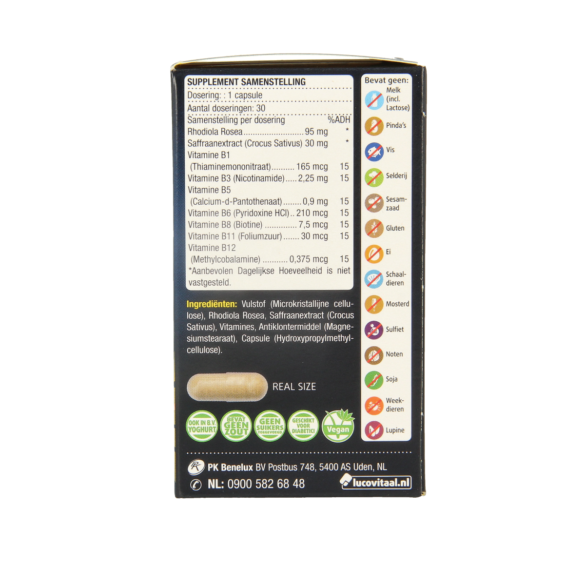 Box of 30 Lucovitaal herbal supplement capsules for mood balance, featuring natural ingredients, in a clear package.