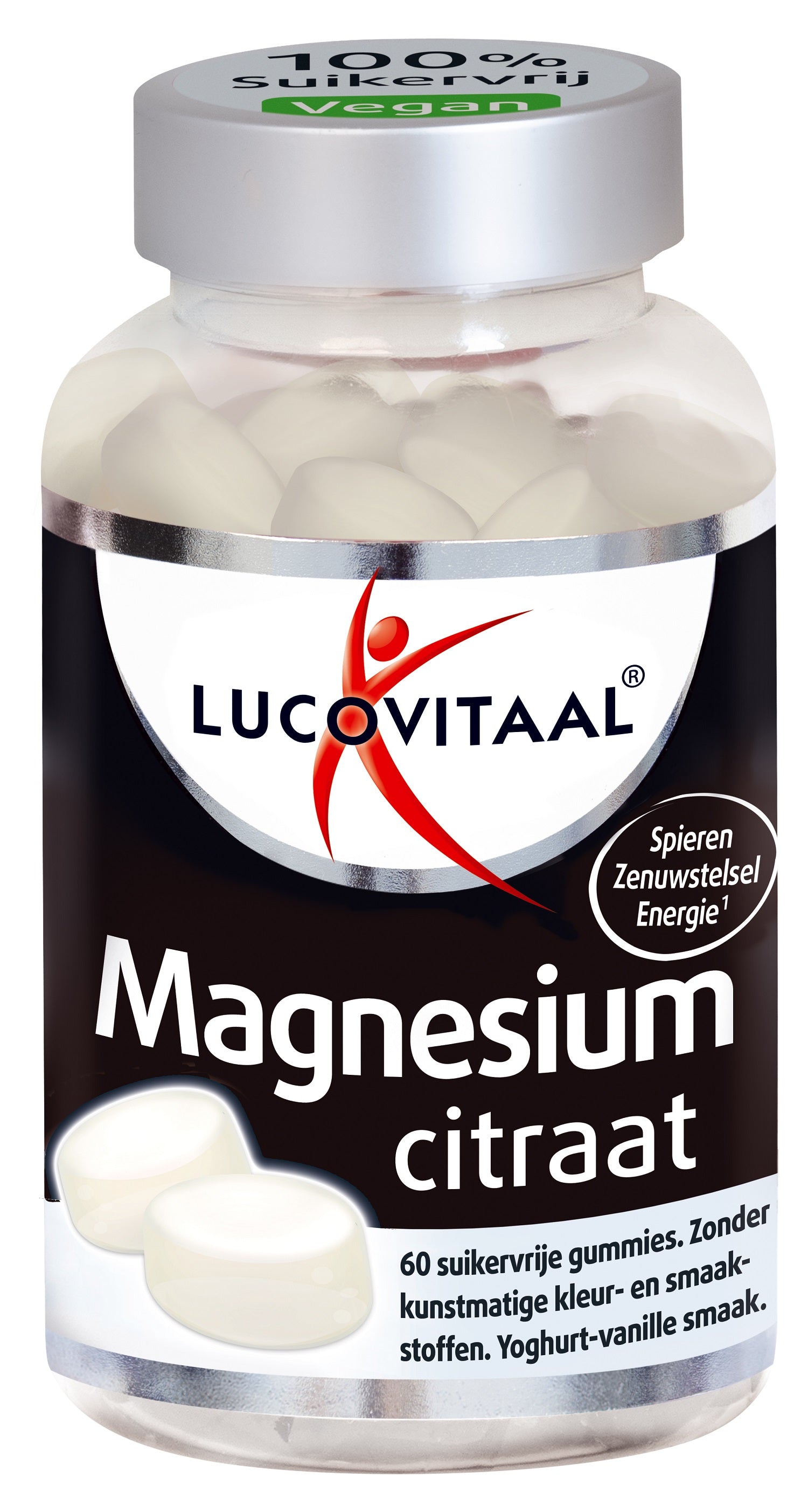 Bottle of Lucovitaal Magnesium 60 gummies, mineral supplement, with colorful gummy candies in a clear container.