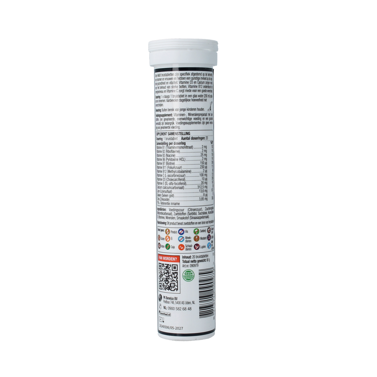Lucovitaal Multi A to Z orange flavor multivitamin effervescent tablets in a container, showing colorful tablets and packaging.