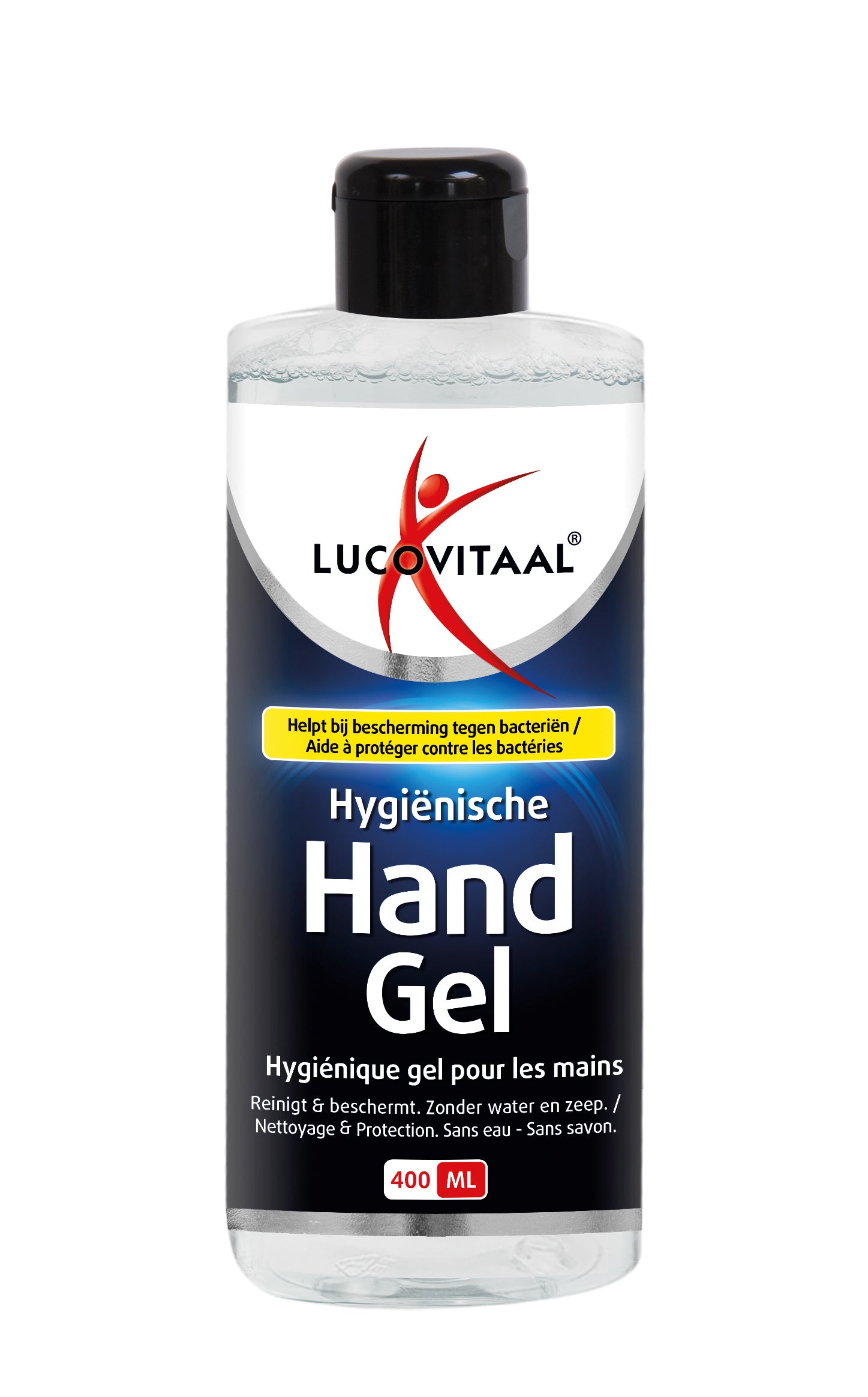 Lucovitaal hand gel hygienisch, 400ml, antibacterial hand sanitizer with pump bottle for effective hand hygiene.