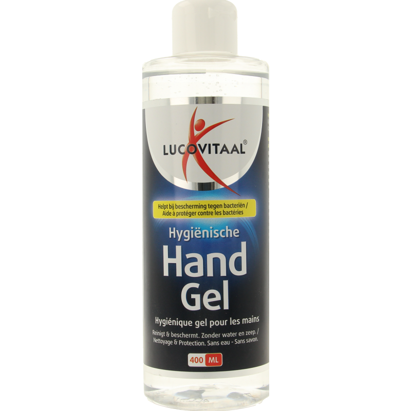 Lucovitaal hand gel hygienisch in 400ml bottle, hand care product with clear gel texture and pump dispenser.