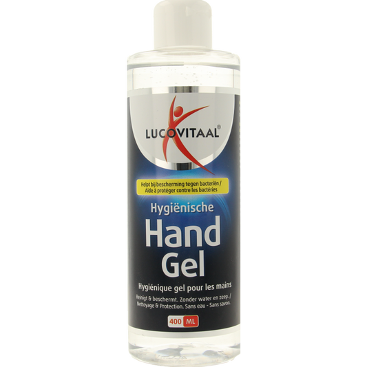 Lucovitaal hand gel hygienisch in 400ml bottle, hand care product with clear gel texture and pump dispenser.