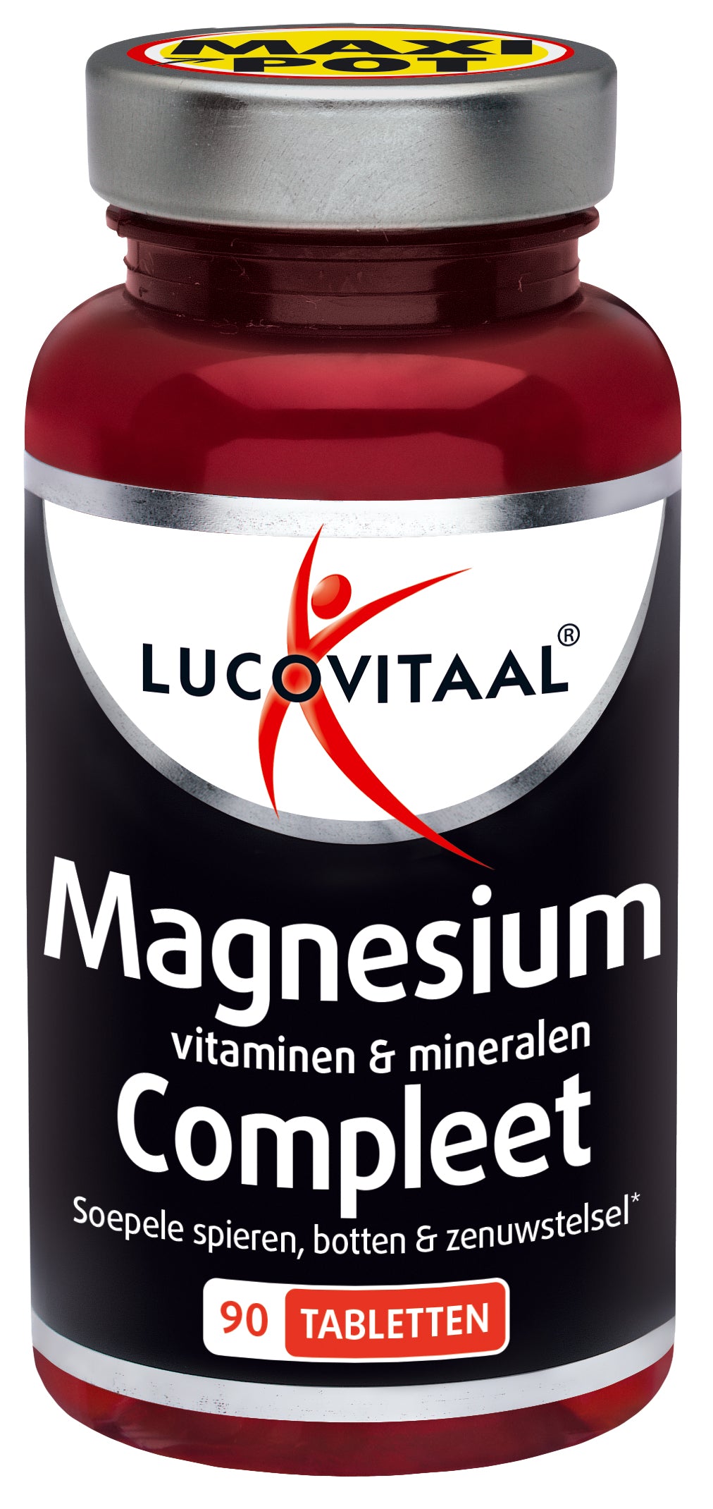 Lucovitaal Magnesium vitamine mineralen complex tablets, dietary supplement with magnesium and essential minerals in a bottle.