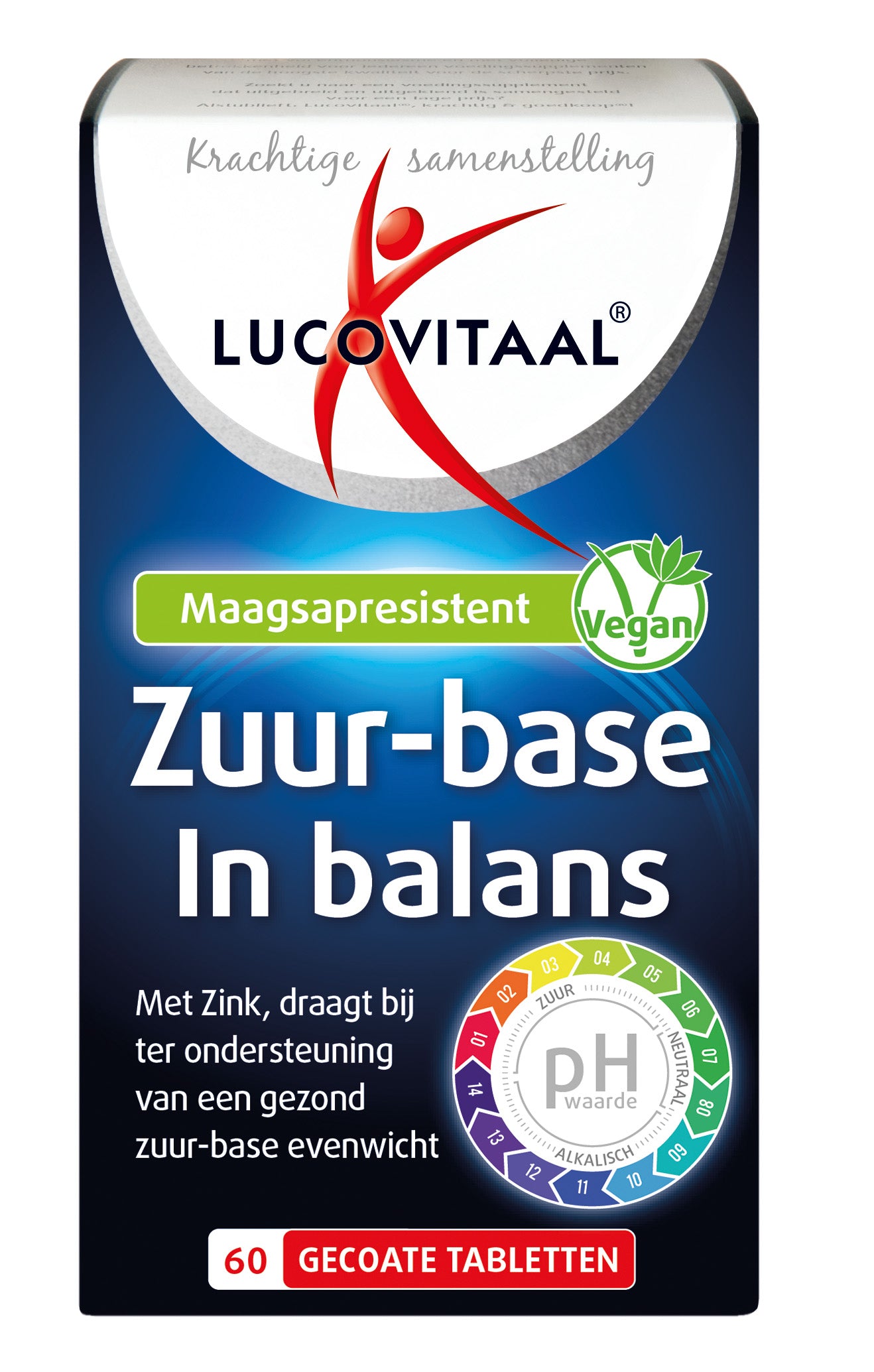 Lucovitaal Zuurbase mineralen multitabletten in een open doos, zichtbaar met meerdere tabletten voor elektrolytenbalans.