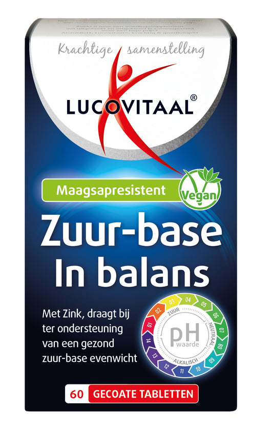 Lucovitaal Zuurbase mineralen multitabletten in een open doos, zichtbaar met meerdere tabletten voor elektrolytenbalans.