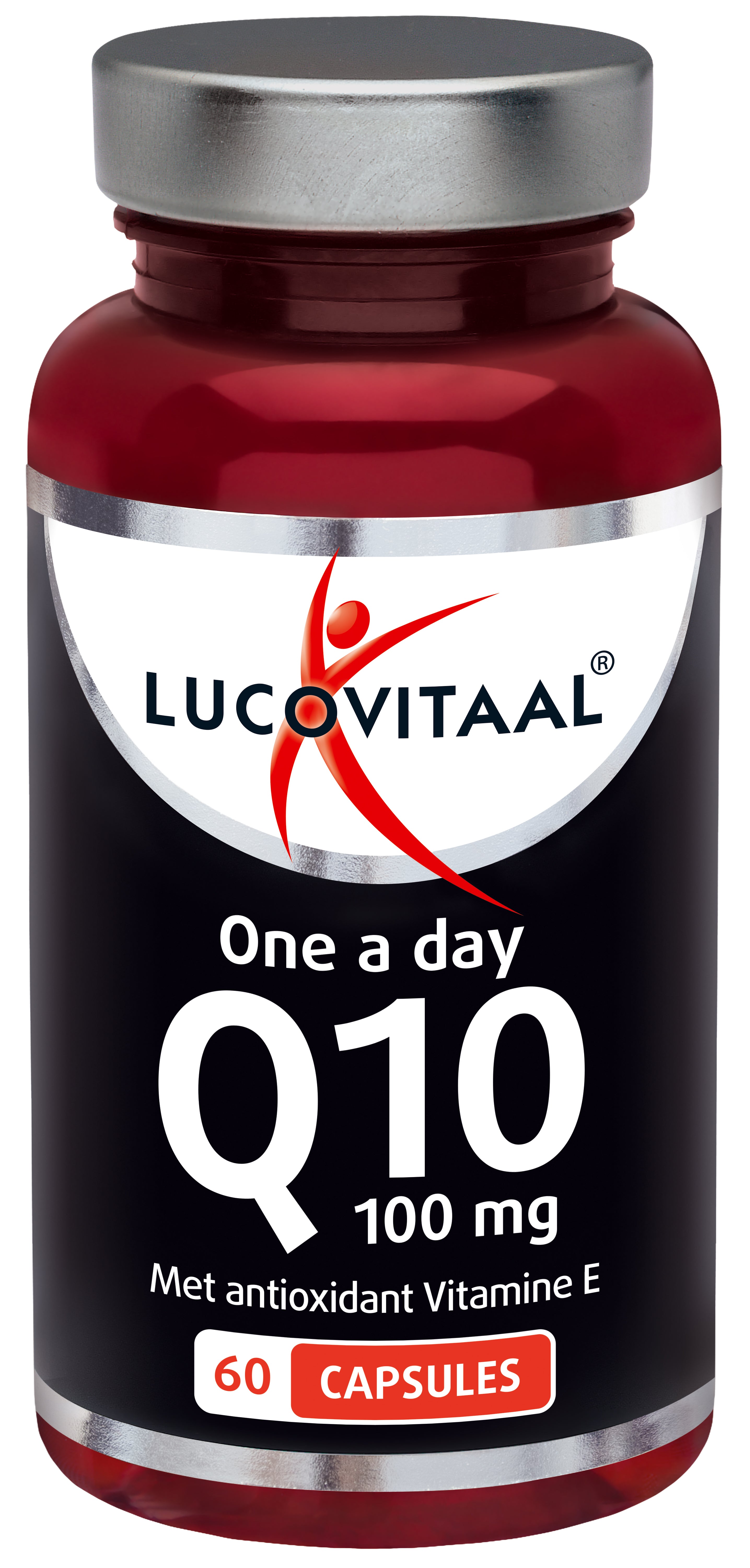 Lucovitaal Q10 100mg vitamin capsules in a clear bottle, showcasing 60 capsules for antioxidant support.