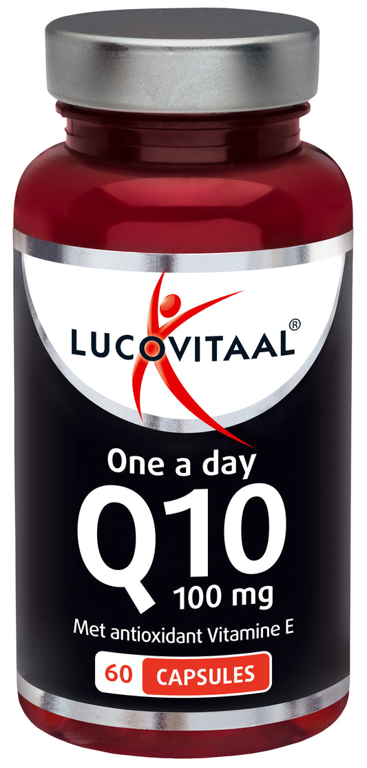Lucovitaal Q10 100mg vitamin capsules in a clear bottle, showcasing 60 capsules for antioxidant support.