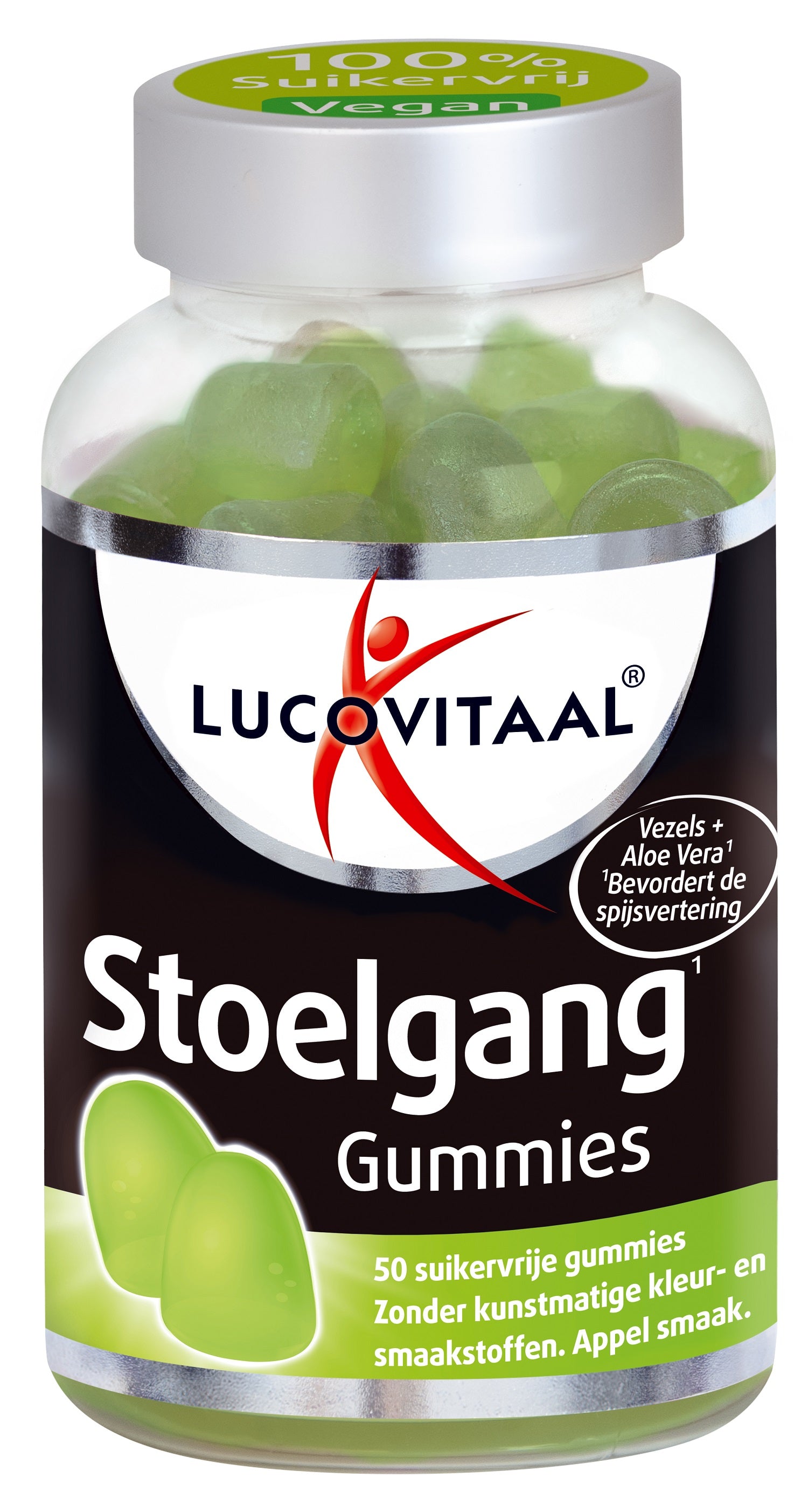 Lucovitaal Stoelgang 50 Gummies herbal supplement with natural ingredients for digestive support, shown in a close-up of the bottle.