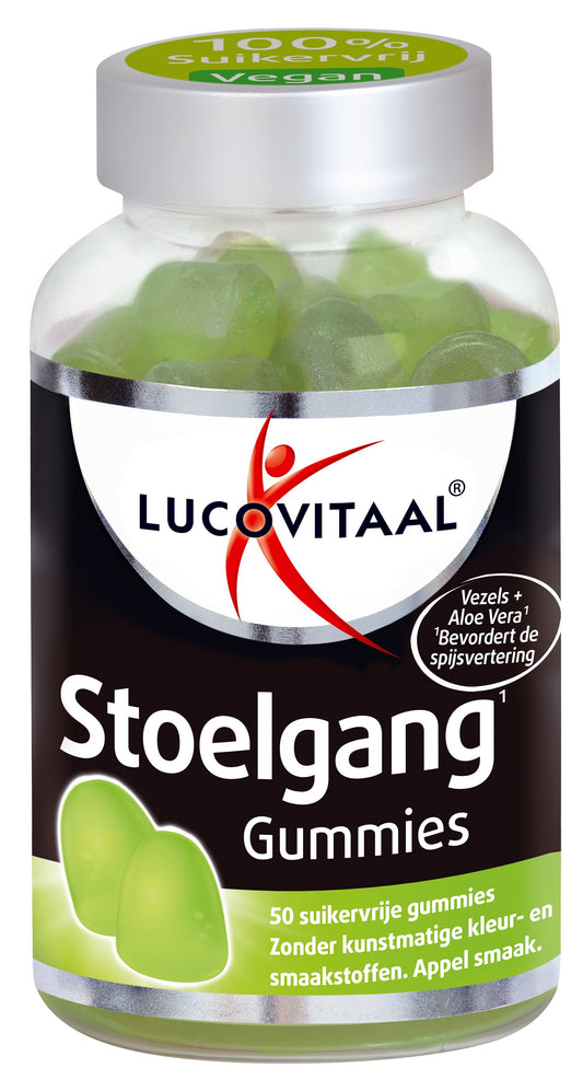 Lucovitaal Stoelgang 50 Gummies herbal supplement with natural ingredients for digestive support, shown in a close-up of the bottle.