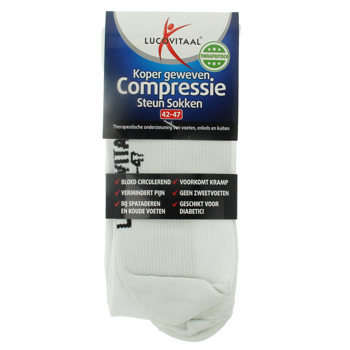 Lucovitaal copper compression support sock in size 42-47, white, shown as a close-up of the bandage on the leg.