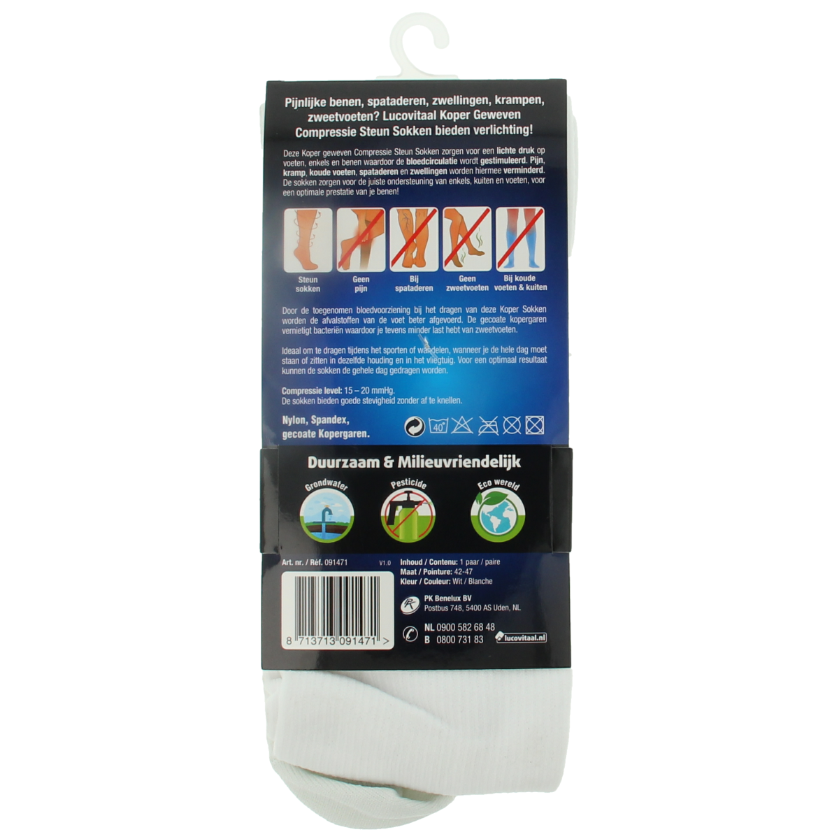 Lucovitaal copper compression support sock in size 42-47, white, shown on foot, made of bandage material for leg support and compression.