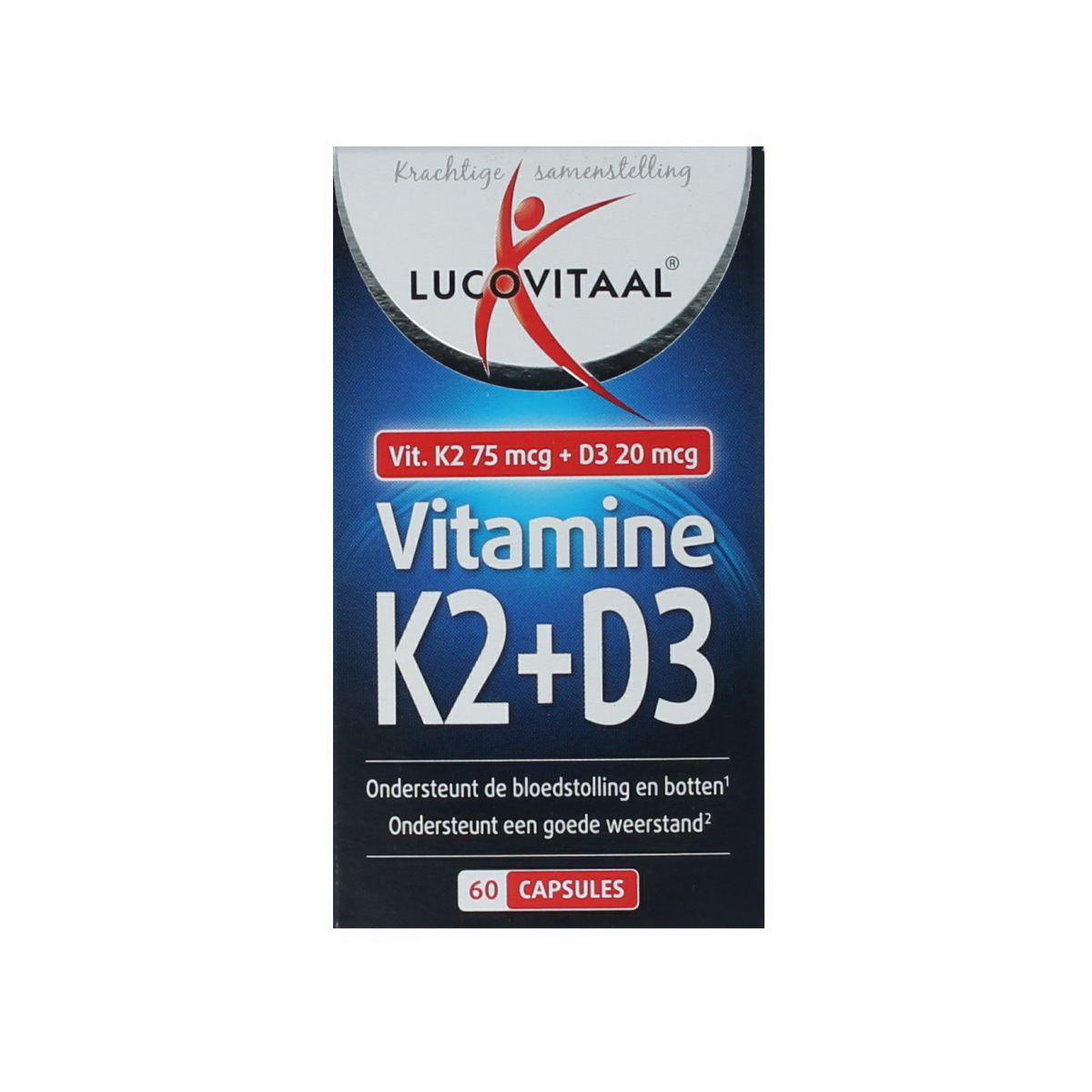 Bottle of Lucovitaal Vitamin K2 + D3 capsules, dietary supplement in a clear container with a label displaying product details.