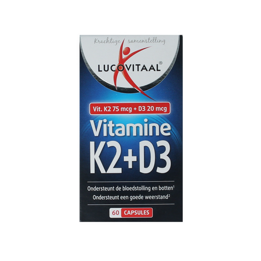 Bottle of Lucovitaal Vitamin K2 + D3 capsules, dietary supplement in a clear container with a label displaying product details.