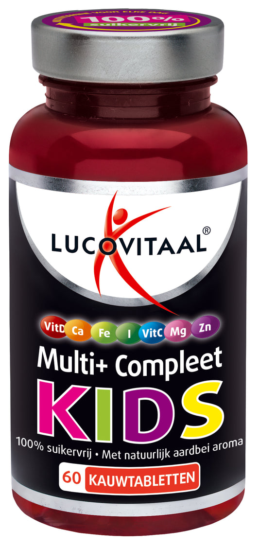 Box of Lucovitaal Multi+ compleet kids vitamin tablets with colorful packaging and 60 tablets inside.