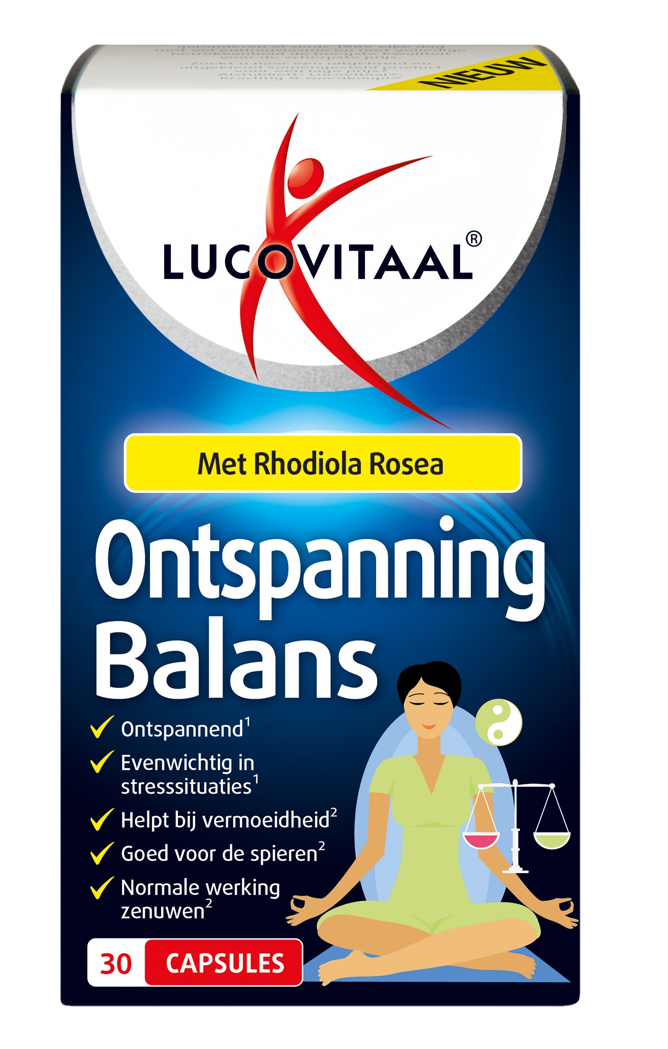 Lucovitaal Ontspanning balans herbal capsules in a bottle, featuring natural ingredients for relaxation and balance.