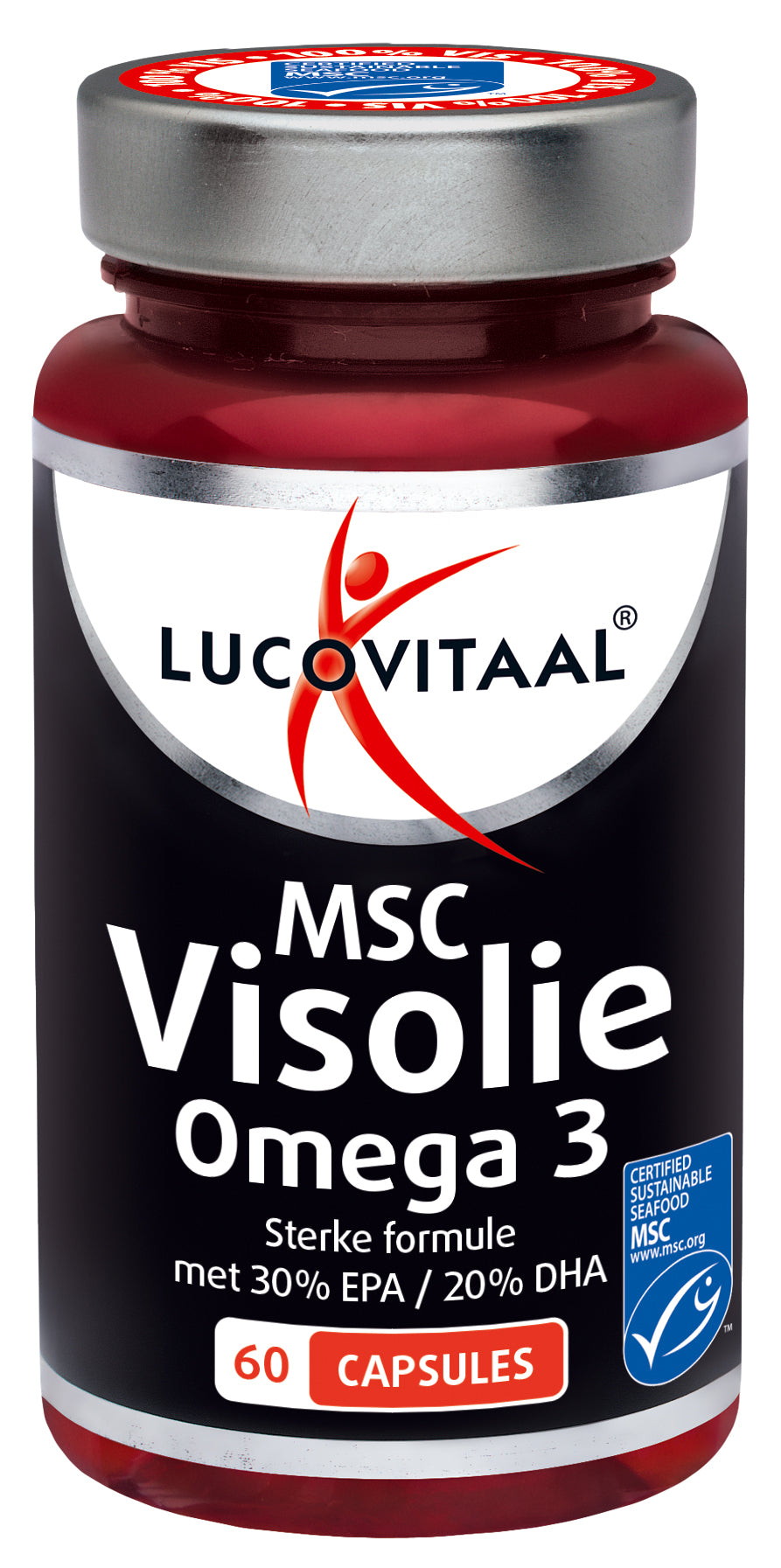 Lucovitaal MSC Visolie Omega 3 capsules in a white bottle, showing 60 softgel capsules for healthy fats and omega 3 intake.