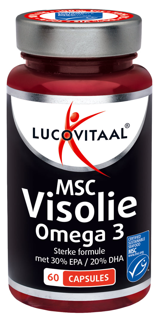 Lucovitaal MSC Visolie Omega 3 capsules in a white bottle, showing 60 softgel capsules for healthy fats and omega 3 intake.