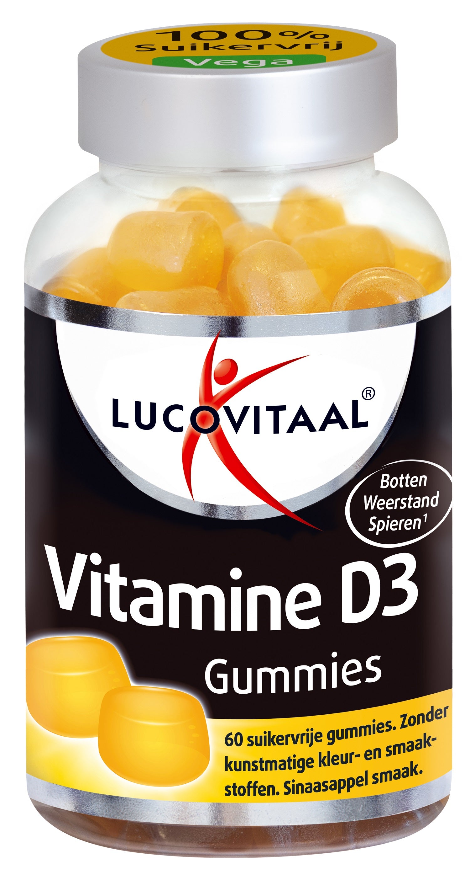 Lucovitaal Vitamine D3 60 gummies for daily vitamin D3 intake, featuring colorful gummy shapes on a white background.