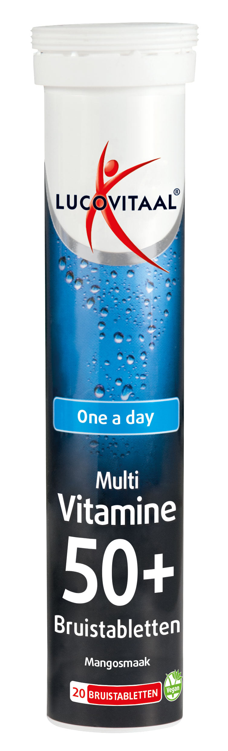 Lucovitaal Multi 50+ mangosmaak herbal effervescent tablets in a blister pack, designed for age 50+ health support.