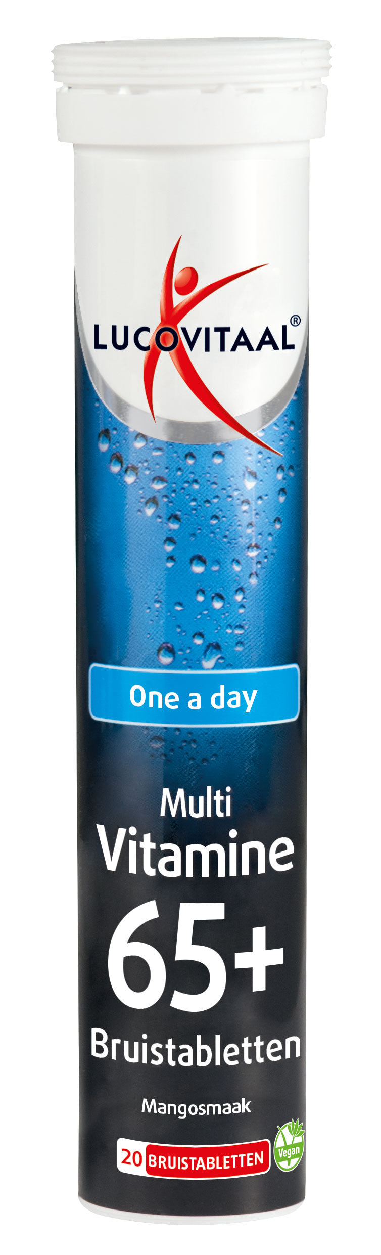 Lucovitaal Multi 65+ mango-flavored effervescent vitamin tablets, 20 count, designed for seniors' nutritional support.