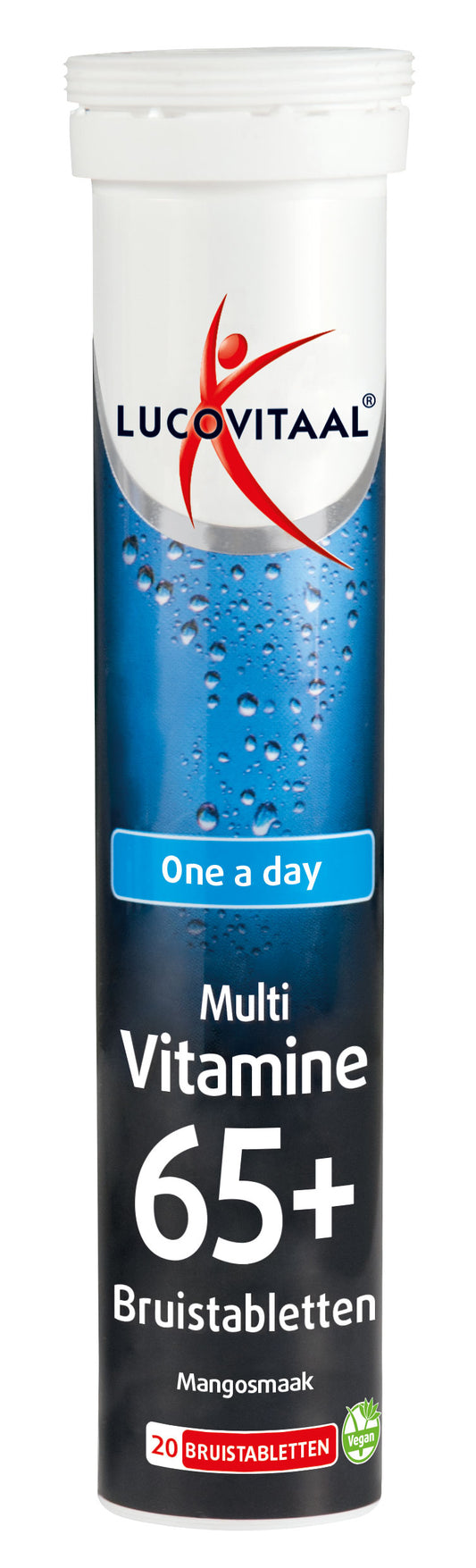 Lucovitaal Multi 65+ mango-flavored effervescent vitamin tablets, 20 count, designed for seniors' nutritional support.
