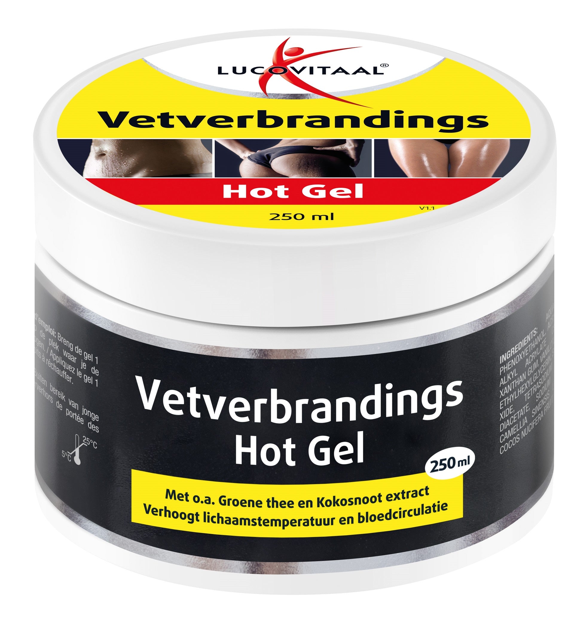Lucovitaal Vetverbranding gel 250ml for body care, shows the gel container with branding and label details.