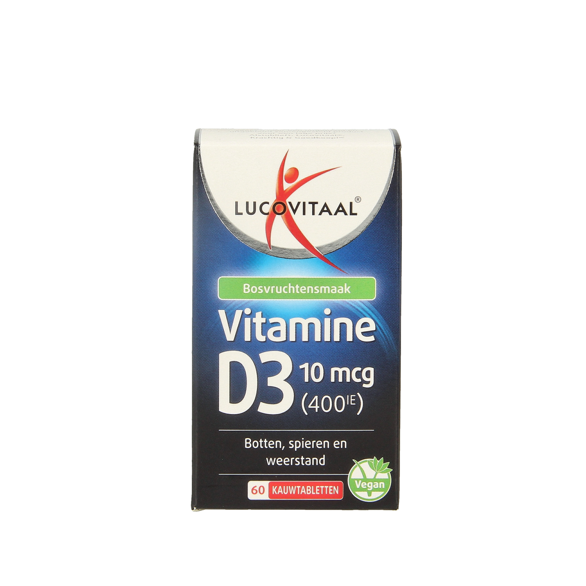 Lucovitaal vegan Vitamin D3 10mcg (400IU) chewable tablets, natural supplement for bone health, shown in bottle with tablets.