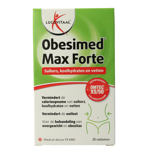 Lucovitaal Obesimed Max Forte herbal supplement in a box of 30 tablets, natural herbal product for wellness.