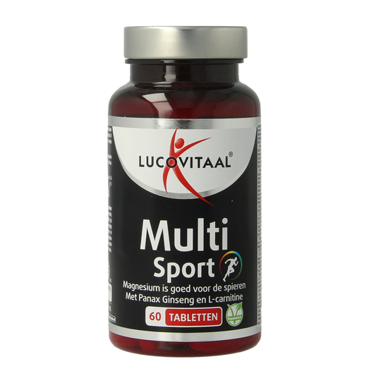 Lucovitaal Multi Sport vitamin tablets in a blister pack, designed for active lifestyles, with 60 tablets for daily nutritional support.