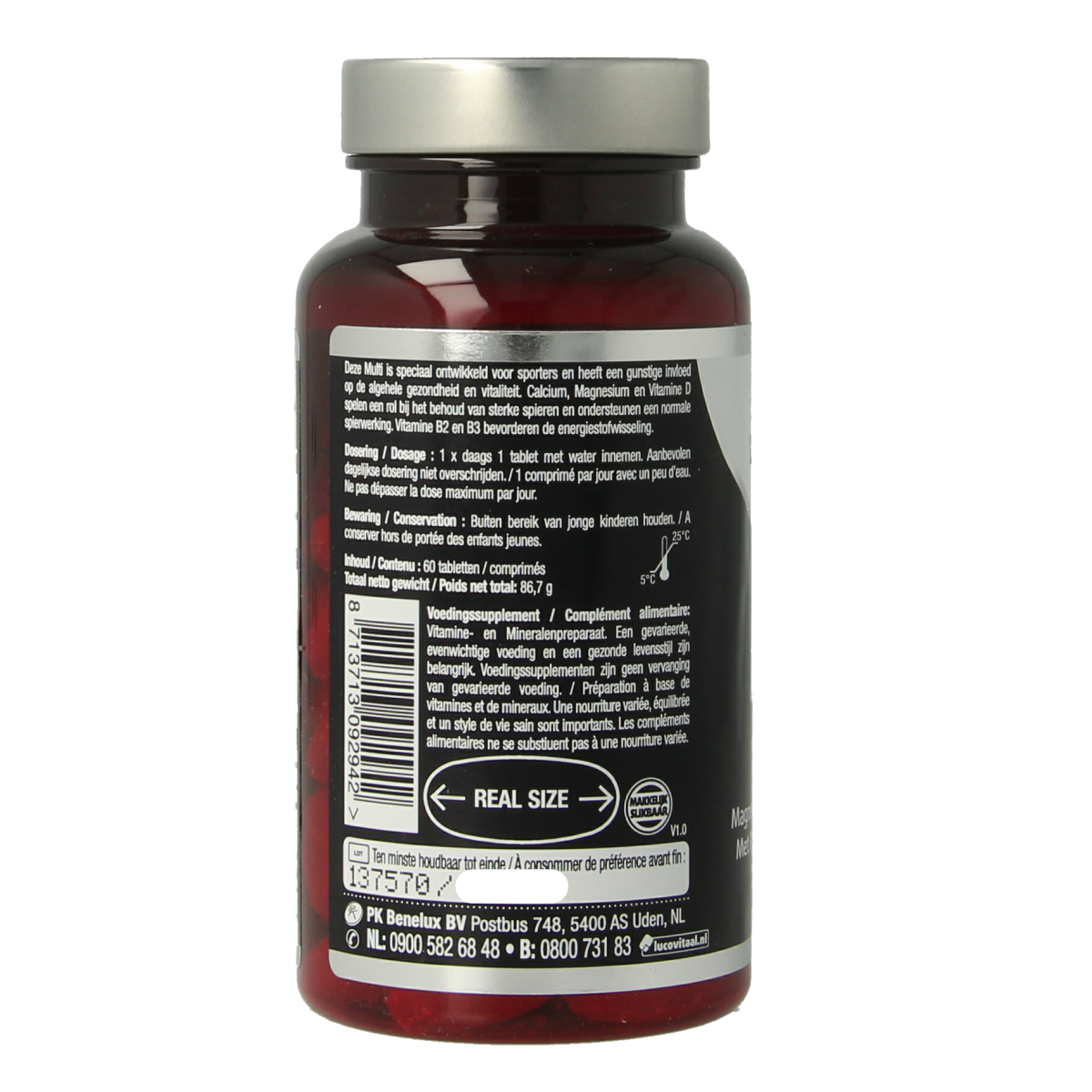 Lucovitaal Multi Sport multivitamin tablets in a bottle, designed for active lifestyles and daily nutritional support.