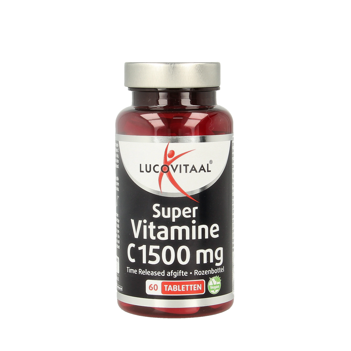 Lucovitaal Vitamine C 1500mg time release tablets, 60 count, showing the supplement bottle with tablets inside.