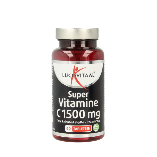 Lucovitaal Vitamine C 1500mg time release tablets, 60 count, showing the supplement bottle with tablets inside.