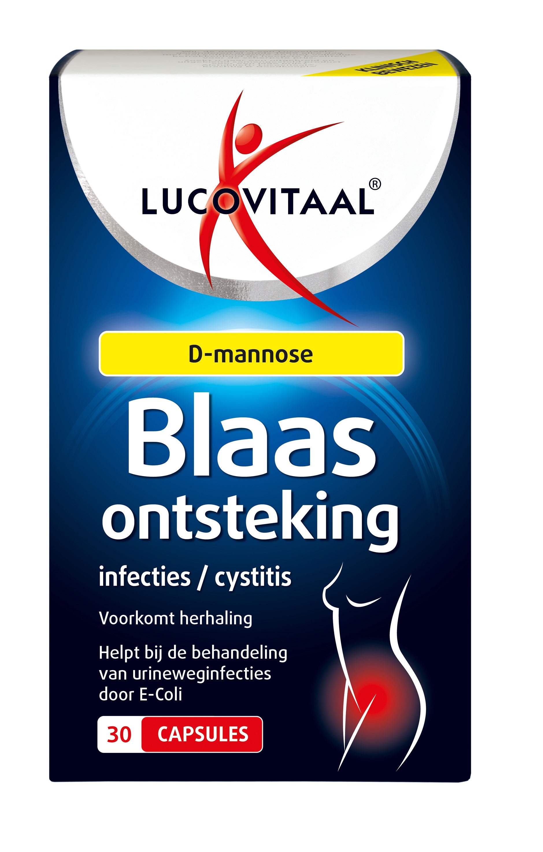 Lucovitaal herbal bladder inflammation capsules, 30-count, in a clear container showing the capsules and packaging.