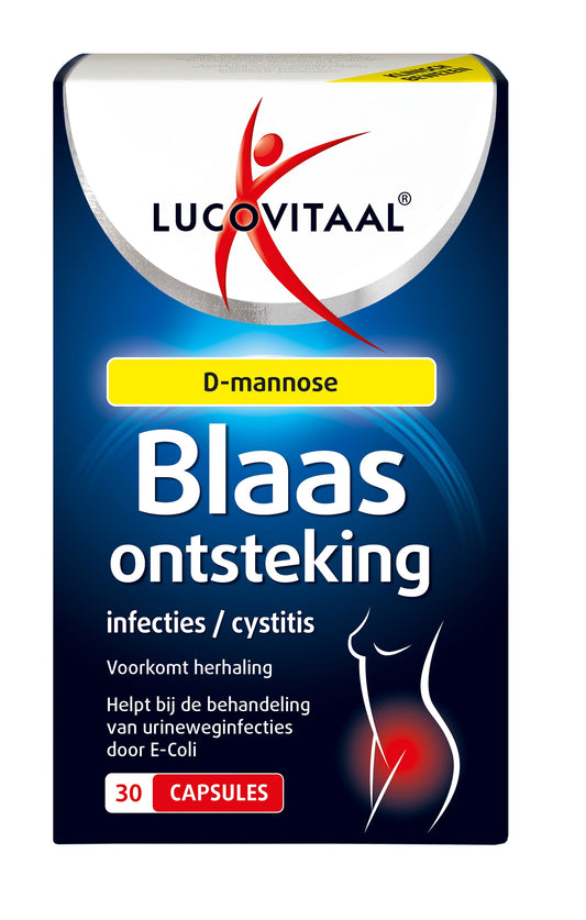 Lucovitaal herbal bladder inflammation capsules, 30-count, in a clear container showing the capsules and packaging.