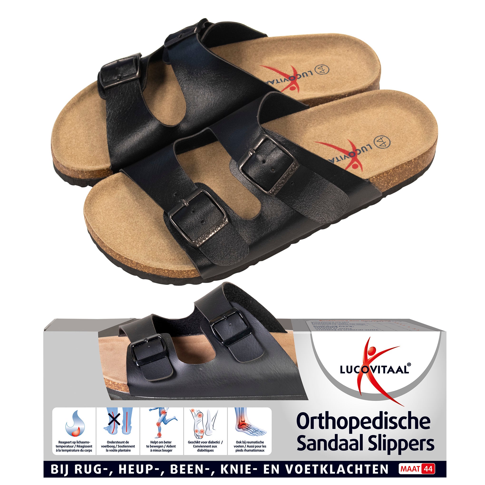 Lucovitaal orthopedische sandalen maat 44, paar slippers met ondersteunende zolen en comfortabele pasvorm, geschikt voor dagelijks gebruik.
