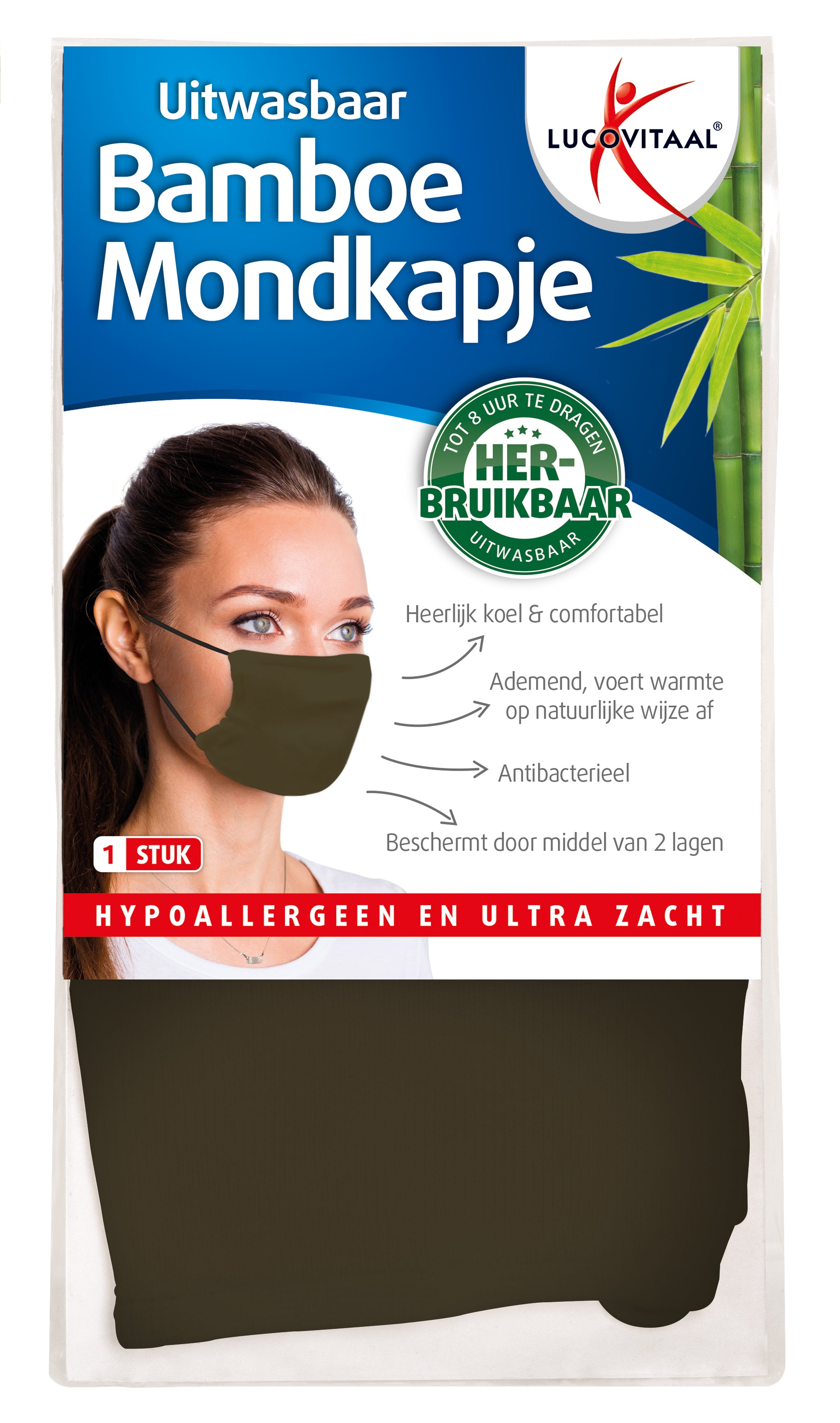 Green Lucovitaal bamboo face mask, medical protective covering, shown in a single image, designed for health and safety use.