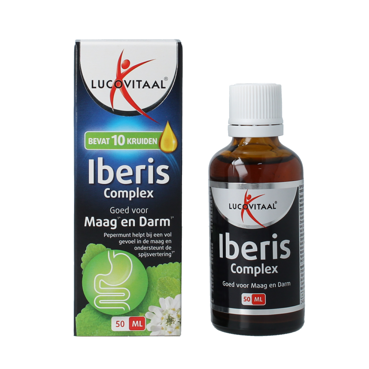 Lucovitaal Iberis complex herbal supplement bottle showing the 50ml container and label with herbal ingredients.