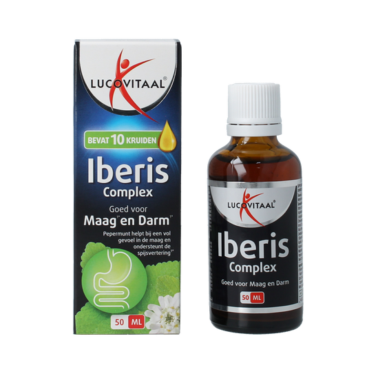 Lucovitaal Iberis complex herbal supplement bottle showing the 50ml container and label with herbal ingredients.